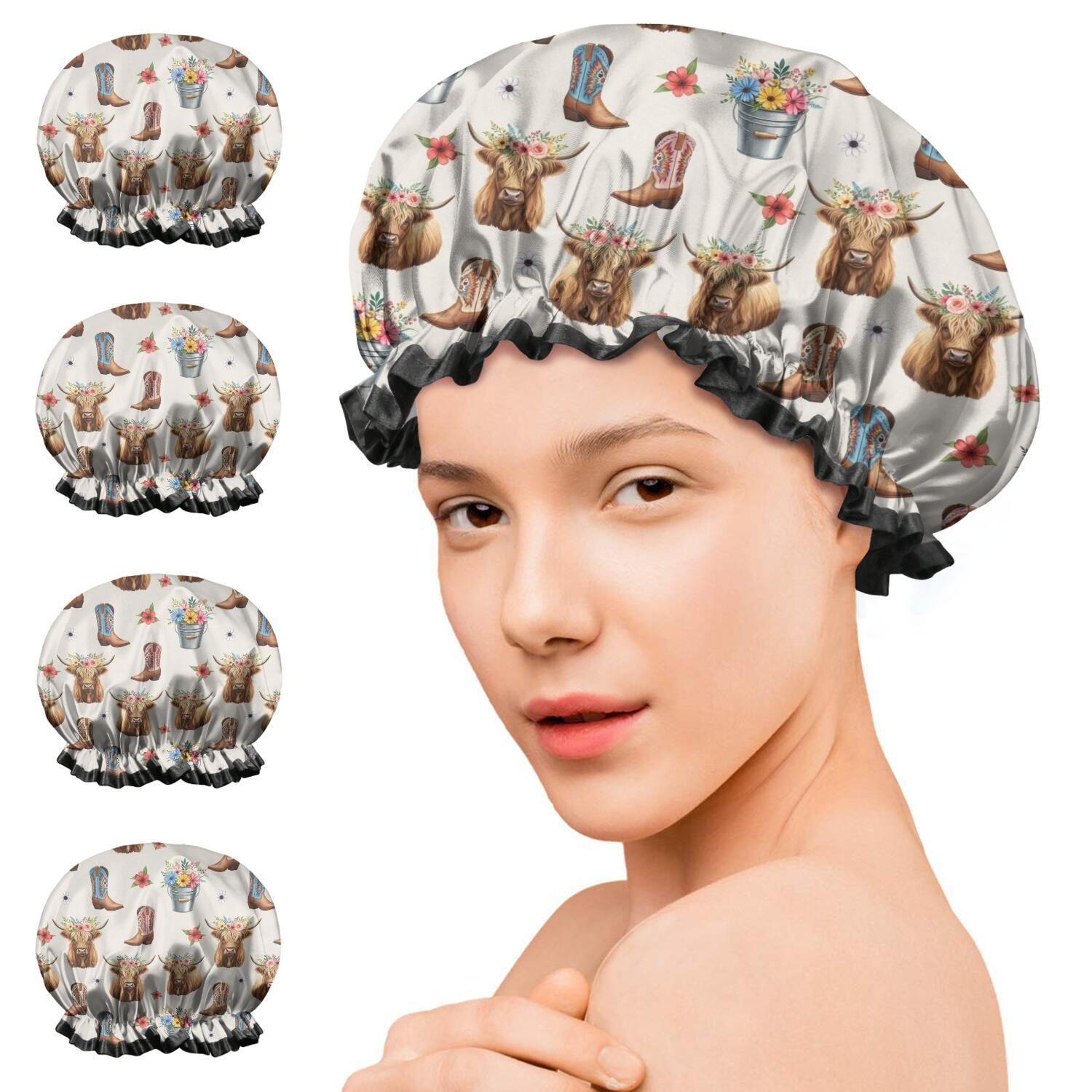Shower Caps,Beige Highland Cow Boot Flower Pattern Waterproof Shower Cap for Women 4 Pieces,Double Reusable Hair Cover for Shower PEVA Elastic Stretch Hem
