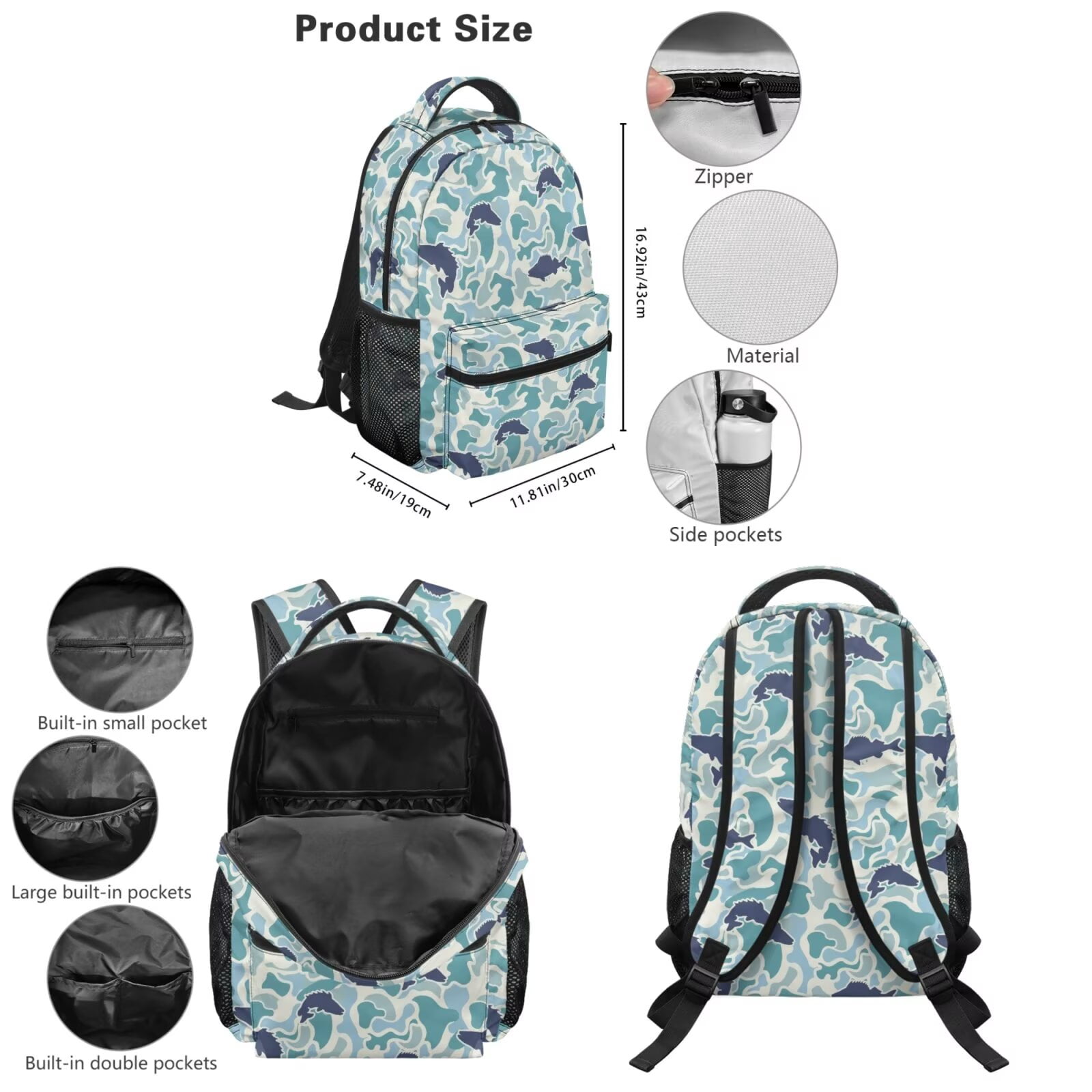Pzuqiu Blue Fish Camo Lightweight 5 Piece Girls Backpack Set with Insulated Lunch Box Water Bottle Holder Pencil Case for Elementary Kindergarten Girls Ages 6-10 Daily School Use