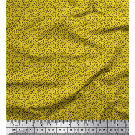 Soimoi Yellow Japan Crepe Satin Fabric Stencil Leaves Printed Craft Fabric by the Yard 42 Inch Wide