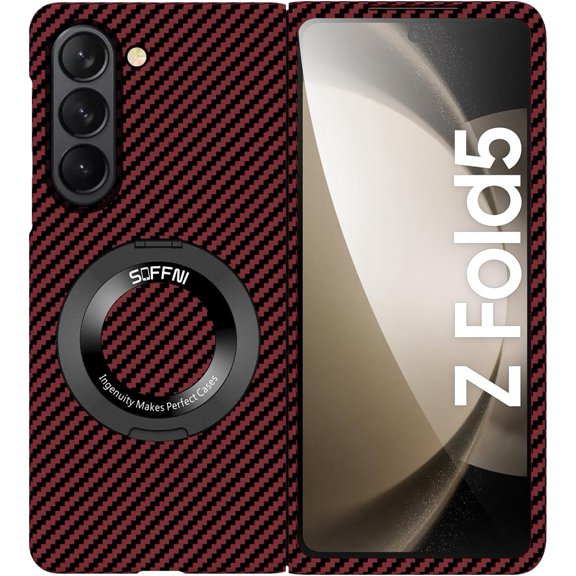 Magnetic Case for Samsung Galaxy Z Fold 5 Case with Kickstand & Ring Holder, [Compatible with MagSafe] Carbon Fiber Slim Ultra Aramid Fiber Anti-Scratch Shockproof Case, Red