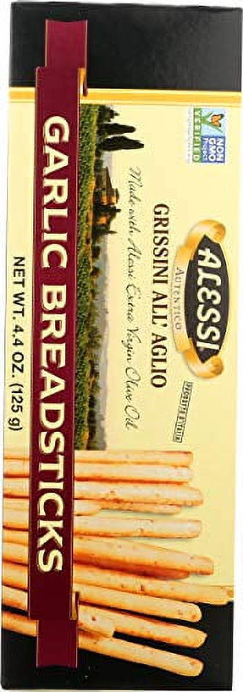 (4 pack) Alessi Imported Breadsticks, Garlic Autentico Italian Crispy Bread Sticks, Low Fat Made with Extra Virgin Olive Oil, 4.4oz (Garlic, 4.4 Ounce (Pack of 1))
