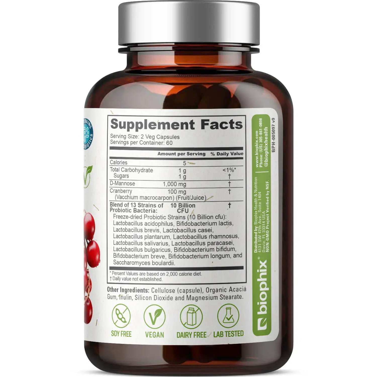 Biophix D-Mannose with Cranberry & Probiotics 1000mg – 120 Vcaps for Urinary Tract Health Support