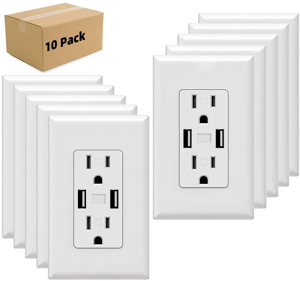 USB Outlet Charger, Total 4.8A High Speed Quick Charging Capability, Child Proof Safety Duplex Receptacle 15Amp, Tamper Resistant Wall Plate Included 10 pack