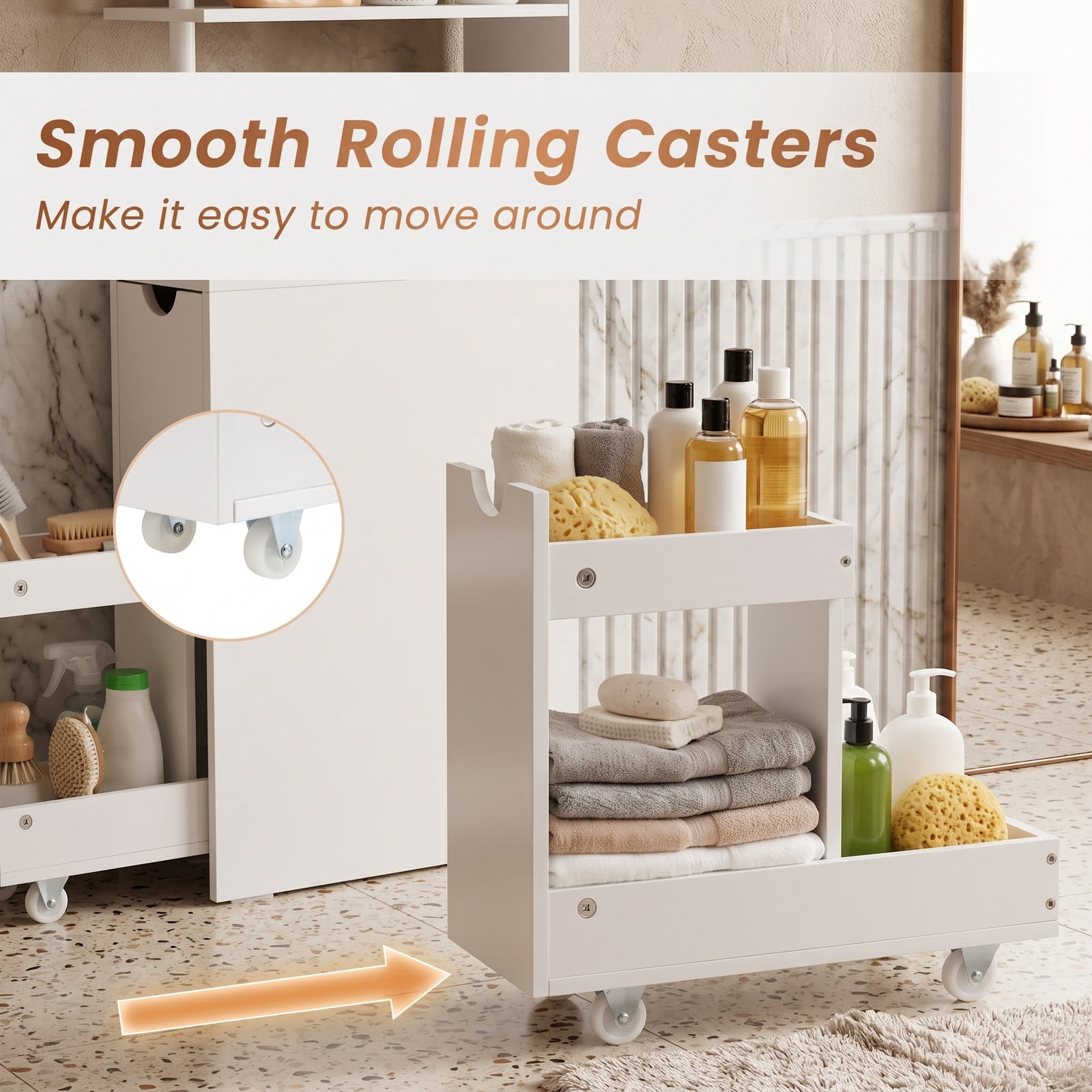 Fenbeli Slim Freestanding Bathroom Storage Cabinet, Narrow Floor Organizer with 3 Open Shelves, Pull-Out Drawer and Rolling Casters for Bathroom Living Room, White