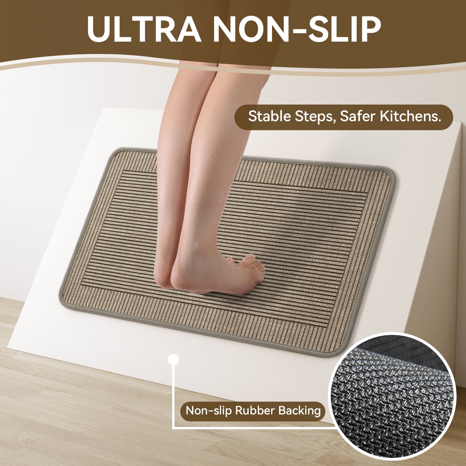 QiCaiJia Kitchen Rugs Set of 2, 17''x30''+17''x59'' Brown Kitchen Mats for Floor, Washable Non Slip Absorbent Kitchen Mat, Braided Kitchen Runner Rug, Kitchen Sink Rug