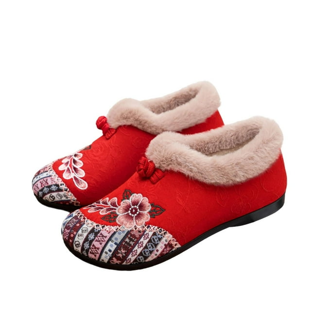 Wdhugt Chaussures Plates Rouges Style Ethnique Femmes Hiver Brodées Duveteuses Us7 Eu38 Courtes Peluche 9,65 Po