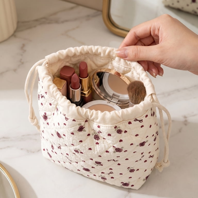 cinch top makeup travel bag The Toiletry able bag White Floral Drawstring Pouch Cosmetic