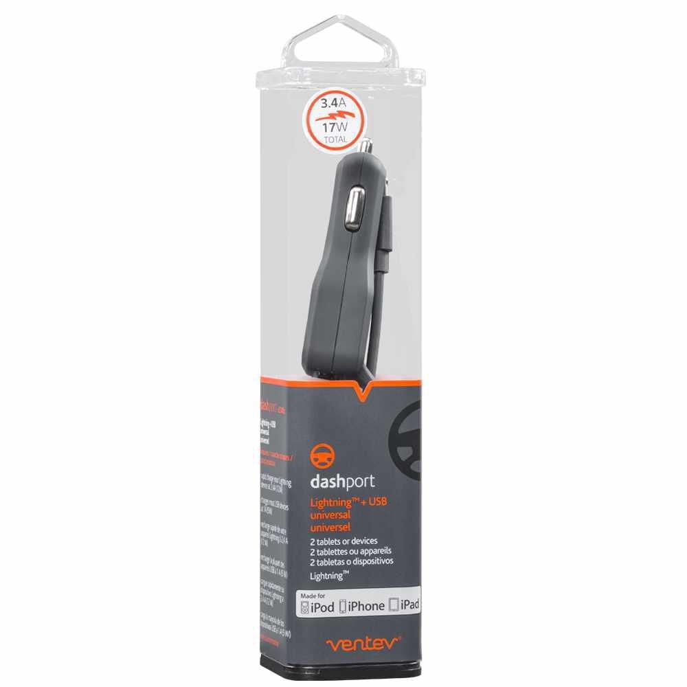 Ventev Chargeur de Voiture USB-C 4A avec Extra USB Câble Noir