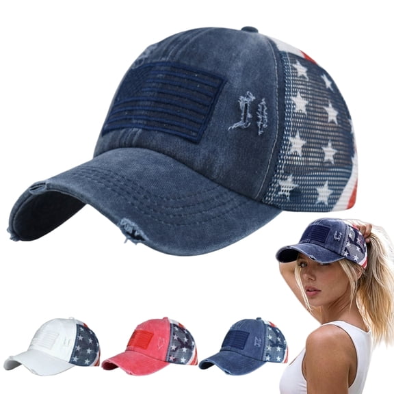 American Flag Hat Women 250 Anniversary USA Hat 4th of July Patriotic Ponytail Hats Baseball Cap with Ponytail Hole(Navy)