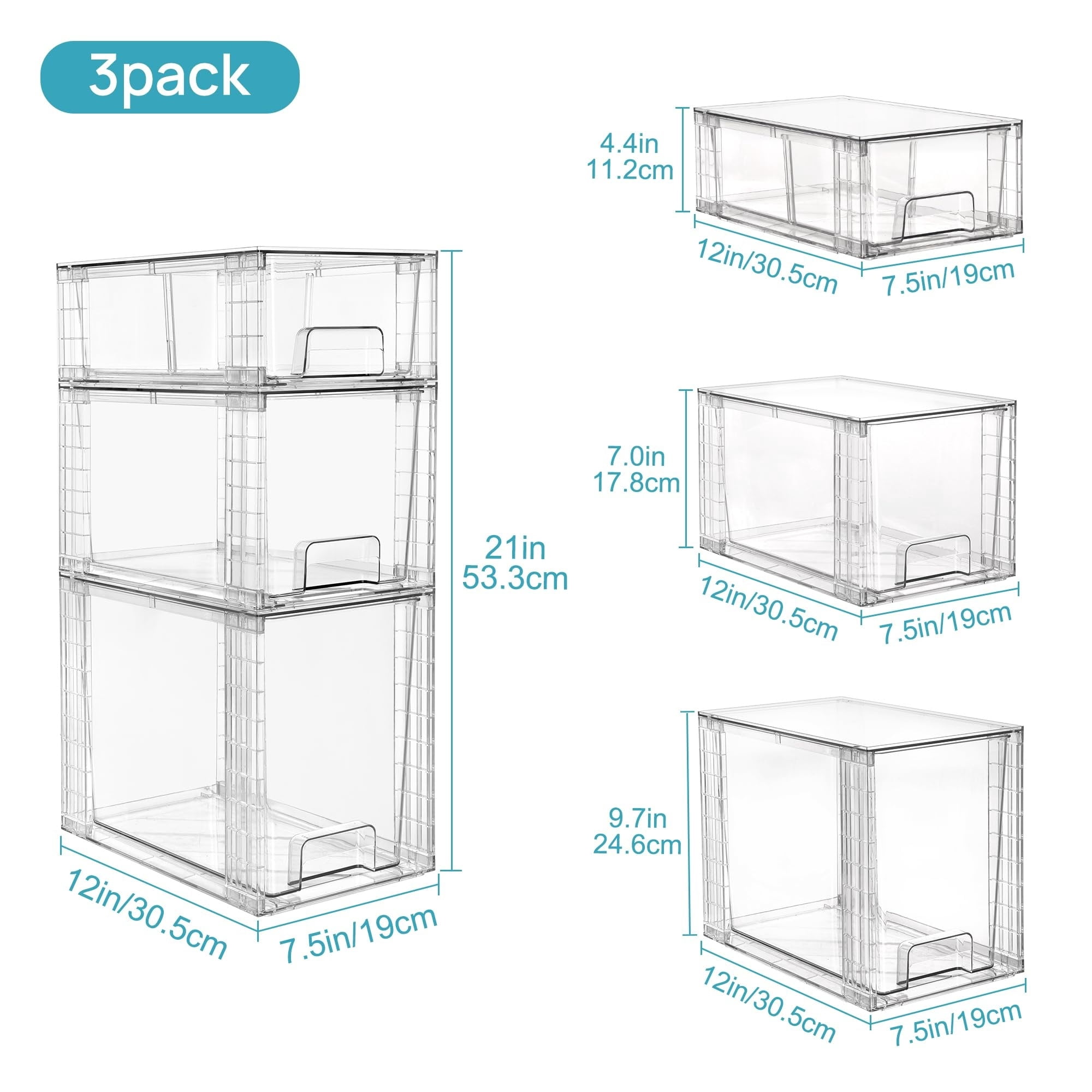 6-Pack Clear Stackable Storage Drawers, Easy to Assemble Bathroom Organizers and Storage with Handles, Plastic Drawers for Kitchen, Pantry, Cabinet, Under Sink Organization