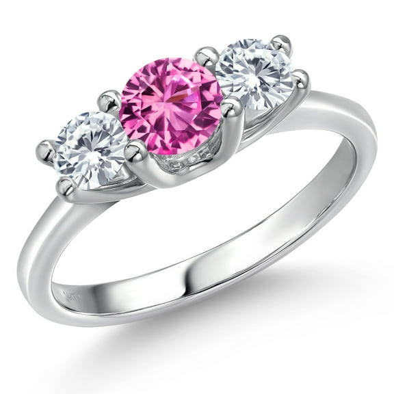 Gem Stone King 14K White Gold Created Sapphire and Moissanite 3-Stone Engagement Ring | 1.01 Cttw | Round 5MM and 4MM | Three Stone Wedding Anniversary Promise Ring for Women (Size 9)