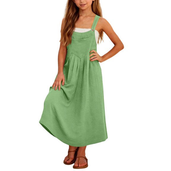 Ruyang Girls Overall Dresses Spaghetti Strap Sleeveless Maxi Dress Flowy A-Line Beach Vacation Casual Dress for Kids