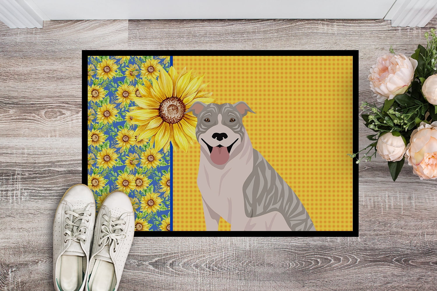 Carolines Treasures WDK5317JMAT 24 x 36 in. Summer Sunflowers Blue Brindle Pit Bull Terrier Indoor or Outdoor Mat