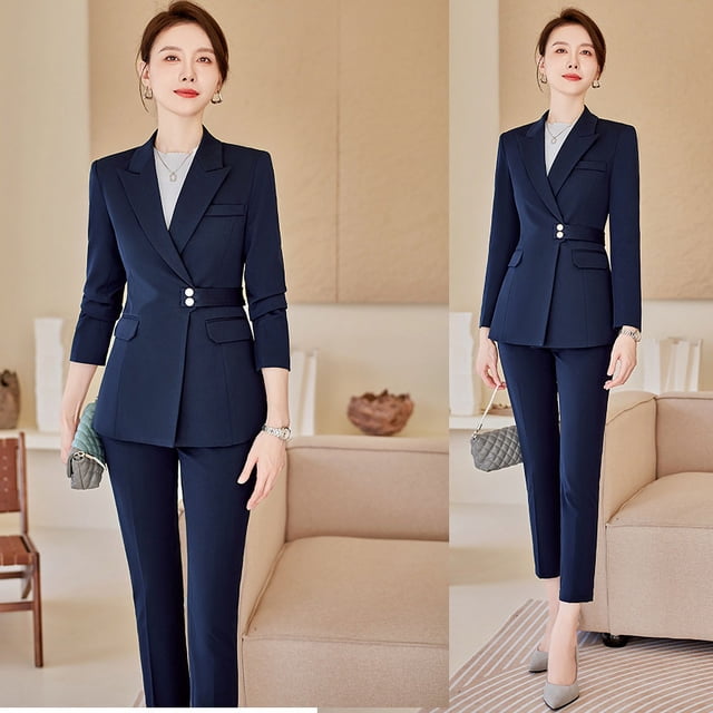 Chaqueta de traje azul marino para mujer, temperamento de otoño e invierno, ropa formal de gerente de anfitrión, ropa de trabajo, diosa fan, traje profesional