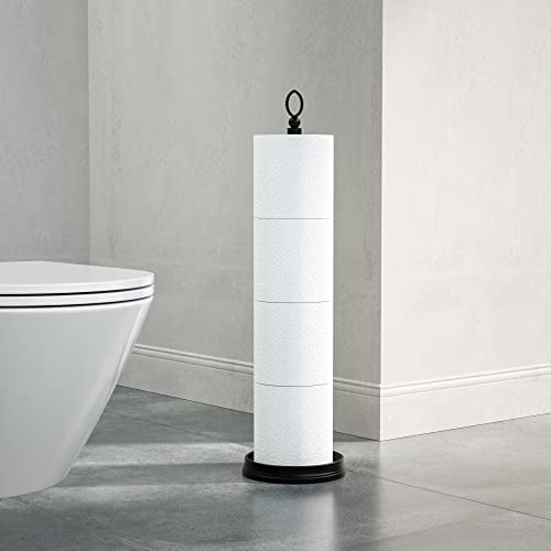 Heavy-Duty Freestanding Toilet Paper Holder with Spare Roll Storage, 22.5" Bathroom Organizer Stand in Matte Black Finish
