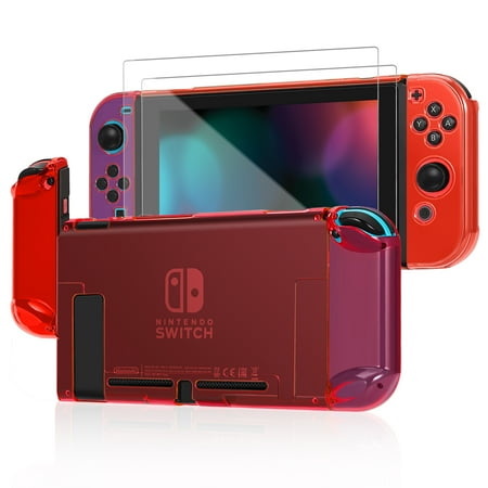 Dockable Case Cover for Nintendo Switch Console and Joy-Con Controller (Tinted Red) with 2 Screen Protector 3 Set Thumb Cap Accessories, Plastic Hard Shell Protector, Anti-Scratch Shockproof