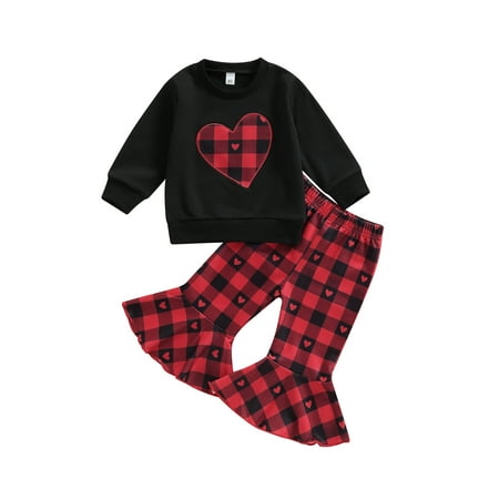 

Peyakidsaa Toddler Baby Girls Valentines Day Outfit Sets Long Sleeve Heart Print Pullover + Plaid Flared Pants