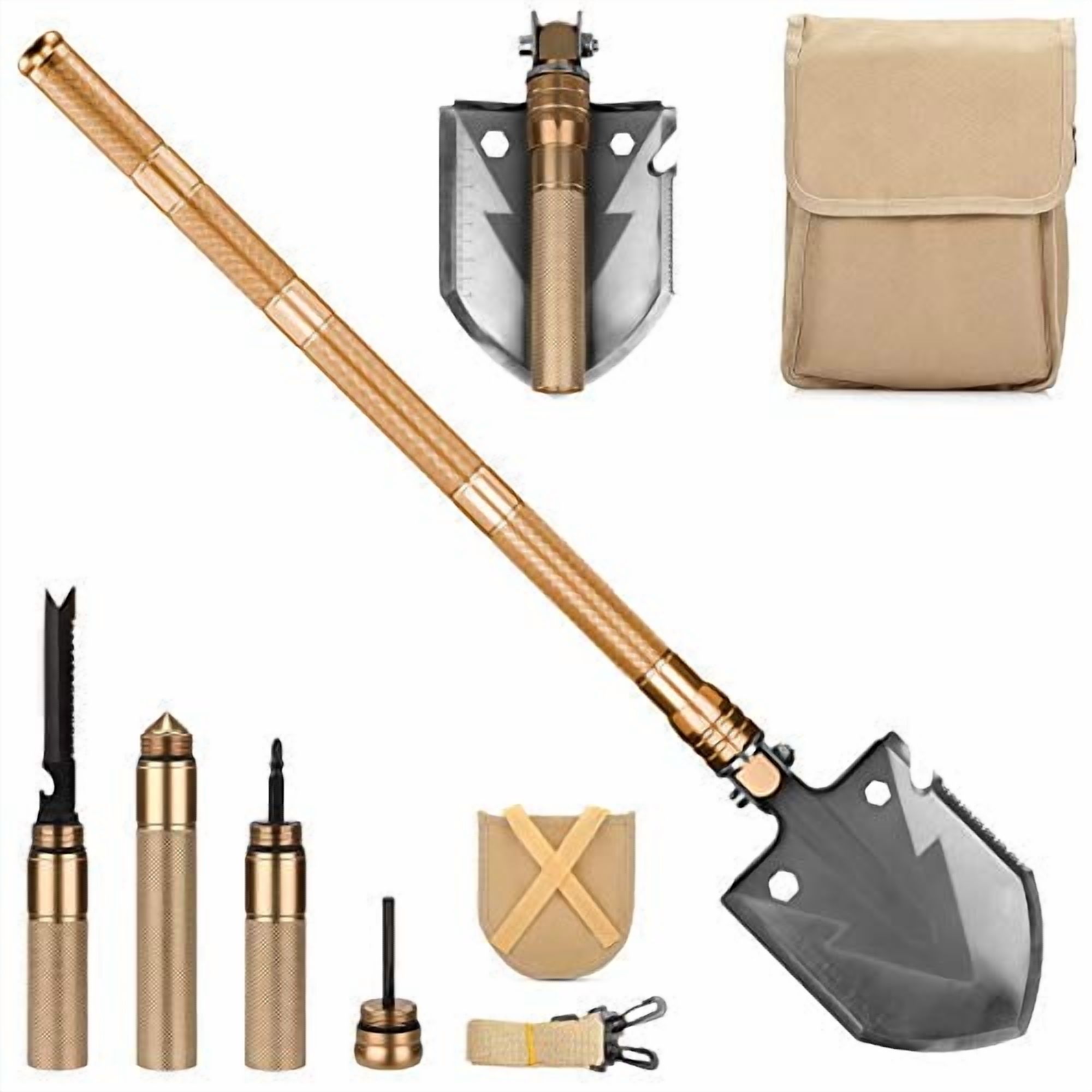 APEX1 18-in-1 Multitool Steel Emergency Shovel with Carrying Pouch for Survival, Military, Camping, Hiking, Climbing, Bug-Out Bag, Backpacking (Gold)