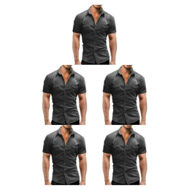 Qarigey Camisa de mezclilla para hombre Camiseta de vaquero ajustada de manga corta con ajuste musculoso Type2 NO2