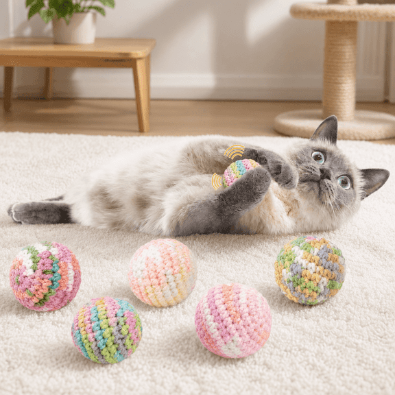 Cat Ball Toy, Kitten Toys for Indoor Kittens,Cat Fetch Toy, Handmade Crochet Cat Balls with Built-in Bells, 6 Pack Soft Safe Interactive Self Play Chase Exercise Toys for Indoor Cats