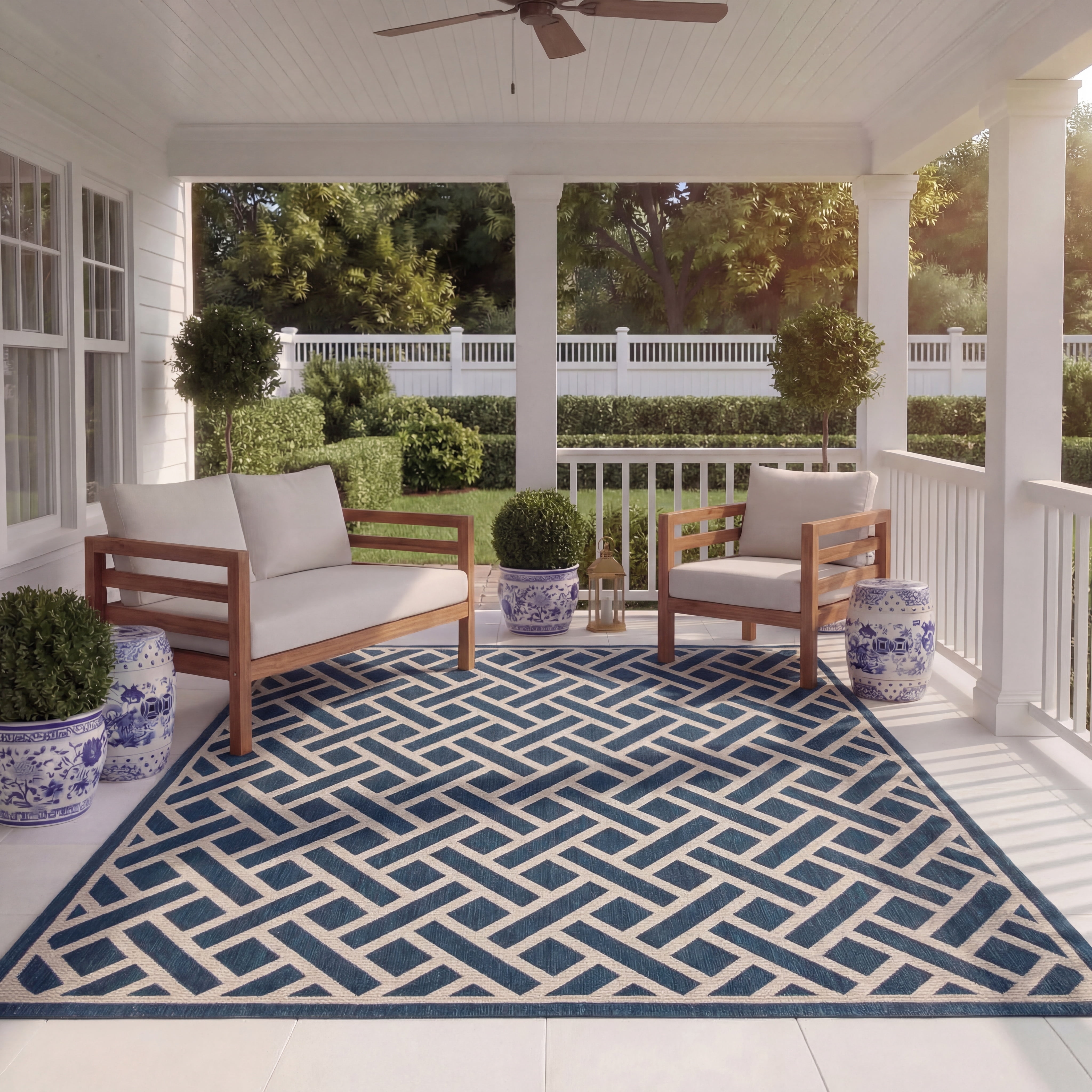 SAFAVIEH Courtyard Janey Bordered Indoor/Outdoor Area Rug, Navy/Light Beige, 9' x 12'