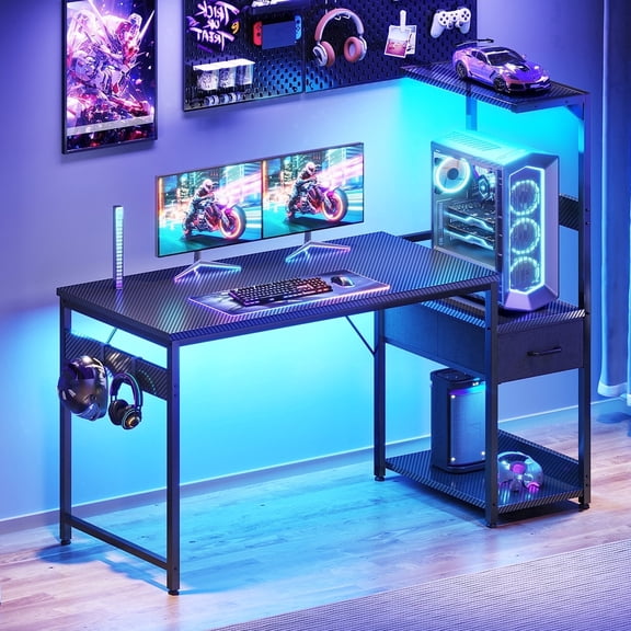 Casacomoda 48" Gaming Desk with LED Lights, Computer Desk with Fabric Drawer, Desk with Shelf & PC Stand, Reversible Display Shelf, Carbon Fiber Black