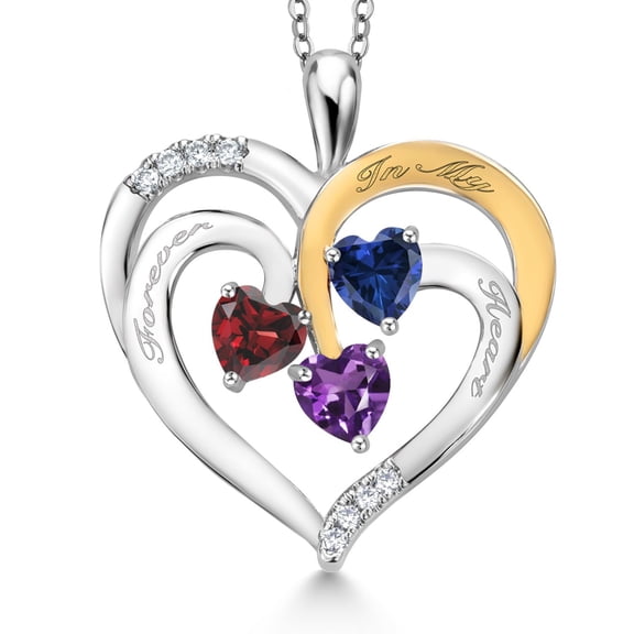 Gem Stone King Two Tone Red Garnet Blue Created Sapphire Purple Amethyst Created Moissanite `Forever in My Heart` Engraved Pendant Necklace for Women (1.52 cttw, Heart Shape 5MM, 18 inch Chain)