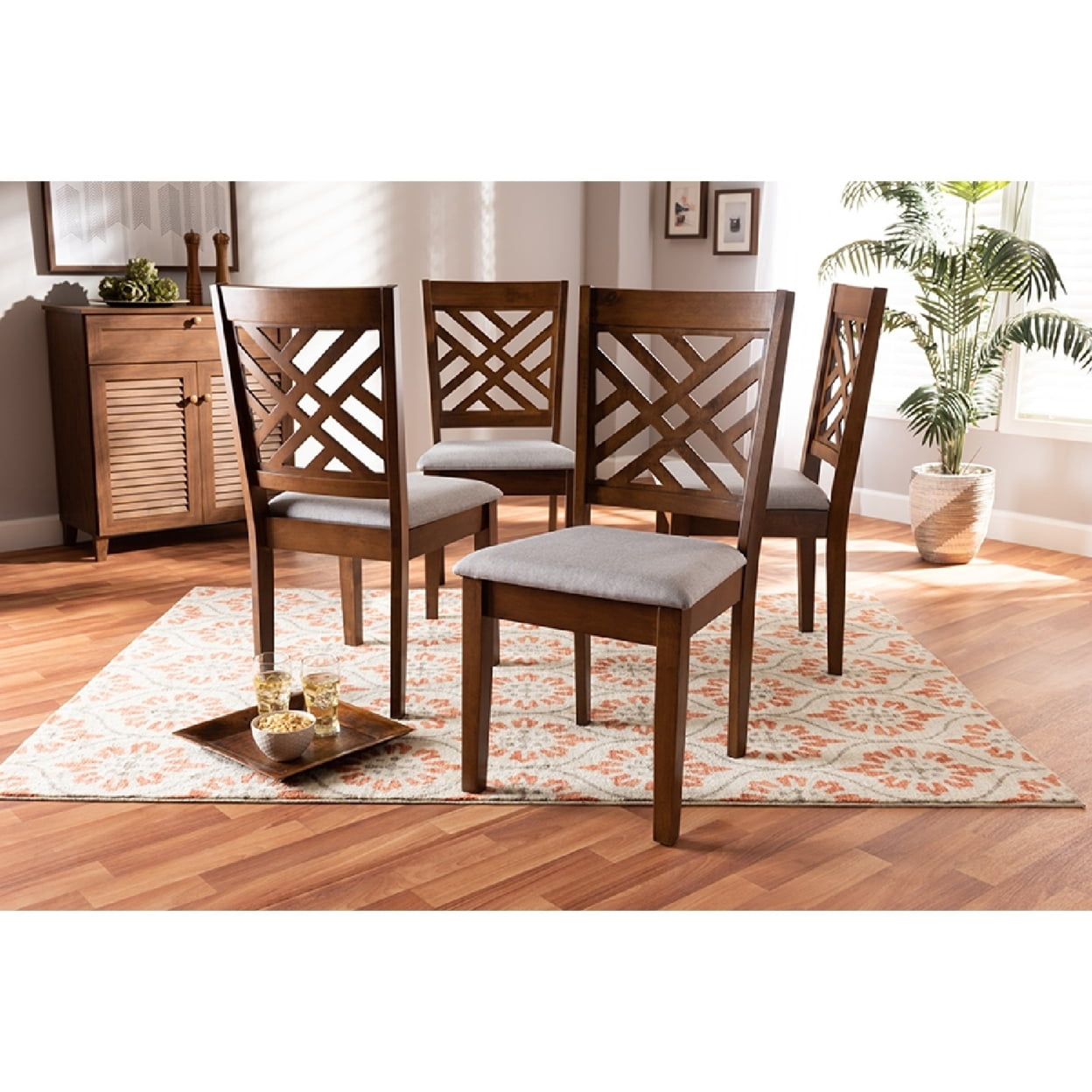 Baxton Studio Caron Modern and Contemporary Grey Fabric Upholstered Walnut Brown Finished 4-Piece Wood Dining Chair Set