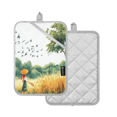 

2 Pcs Pot Holders Sets Oven Mitts Square Potholders Oven Hot Pads Heat Resistant for Kitchen Cooking Baking 7 x9.8 Girl Wearing An Orange Hat