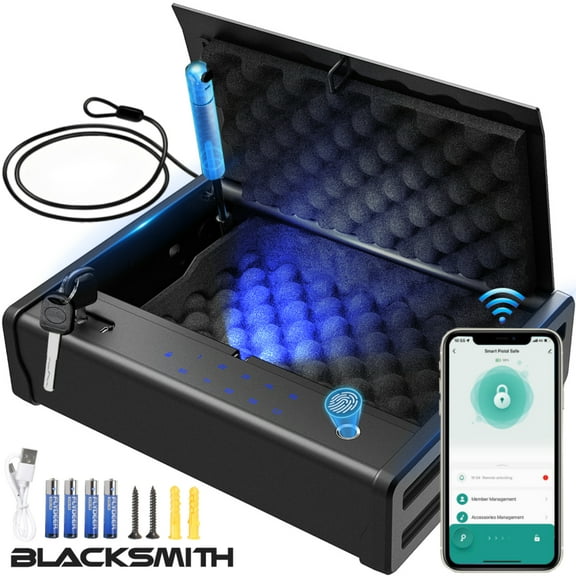 Gun Safe,Blacksmith Biometric Pistol Safe Gun Locker Box with APP Control and Fingerprint 5-Quick Access Unlock, Gun Case Handgun Safe for 2 Pistols,Black