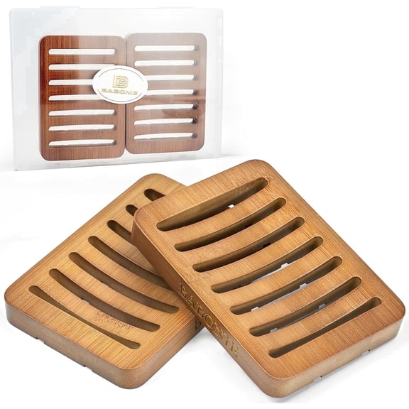 BABONIE Soap Dish with Drain, Bamboo Soap Dish for Shower & Sink, Brown, 2 Pack