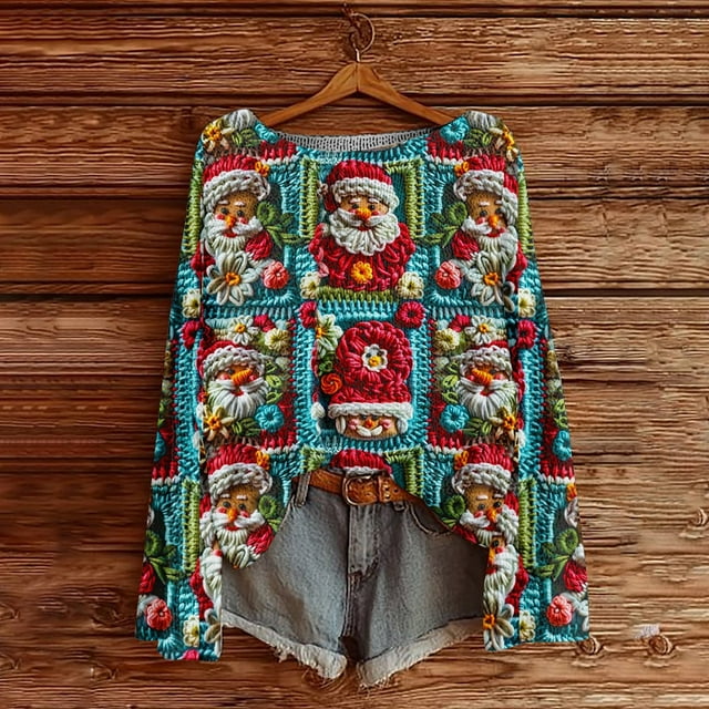 Chandails d'Hiver Grande Taille pour Femmes Mode Décontractée Imprimé de Noël Chandail à Manches Longues Rouge TTTG