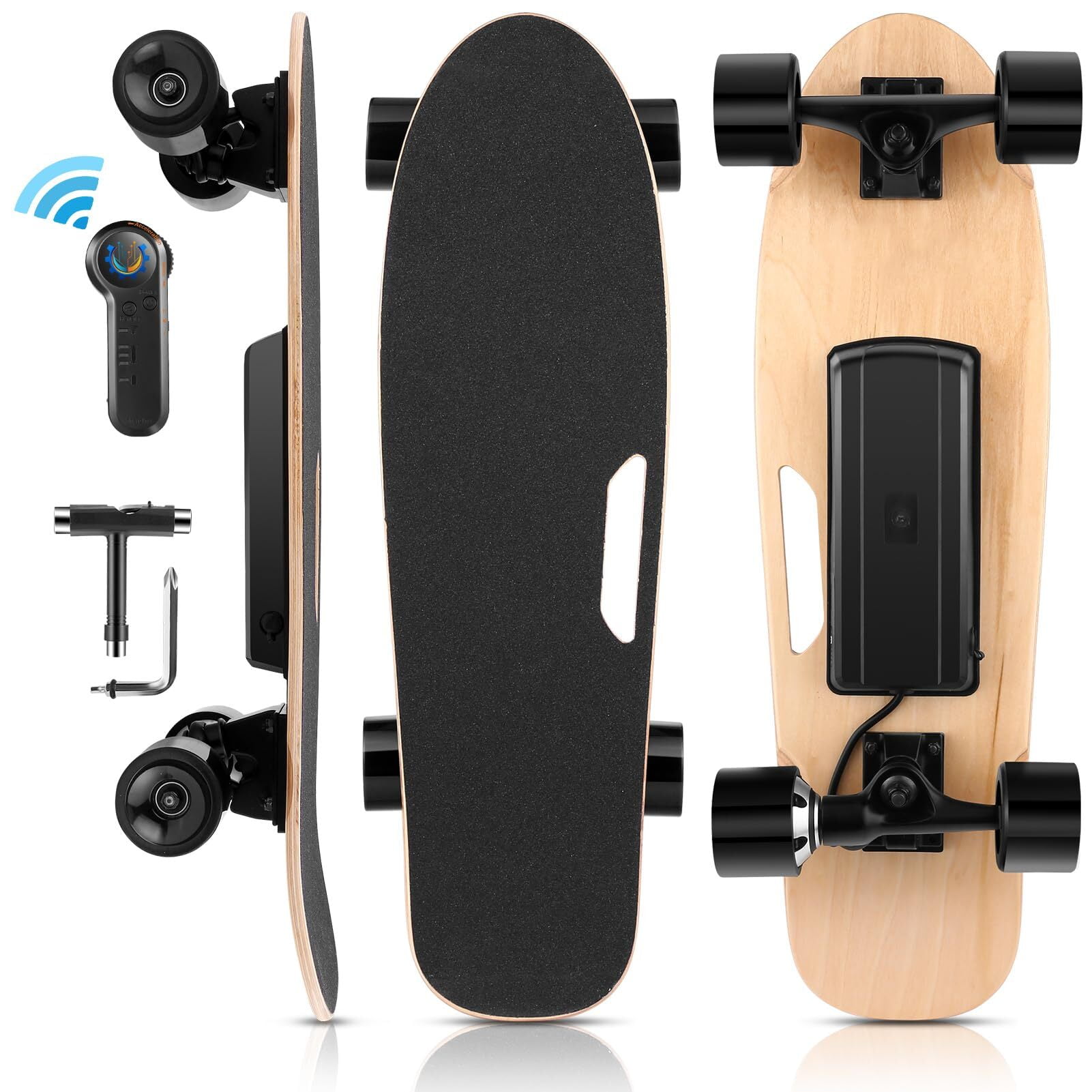 Caroma Electric Skateboards with Wireless Remote Control, Max 12.4 mph and 8 Miles Range, Electric Skateboards for Adults and Beginners, 3-Speed Adjustment, Load up to 220lbs