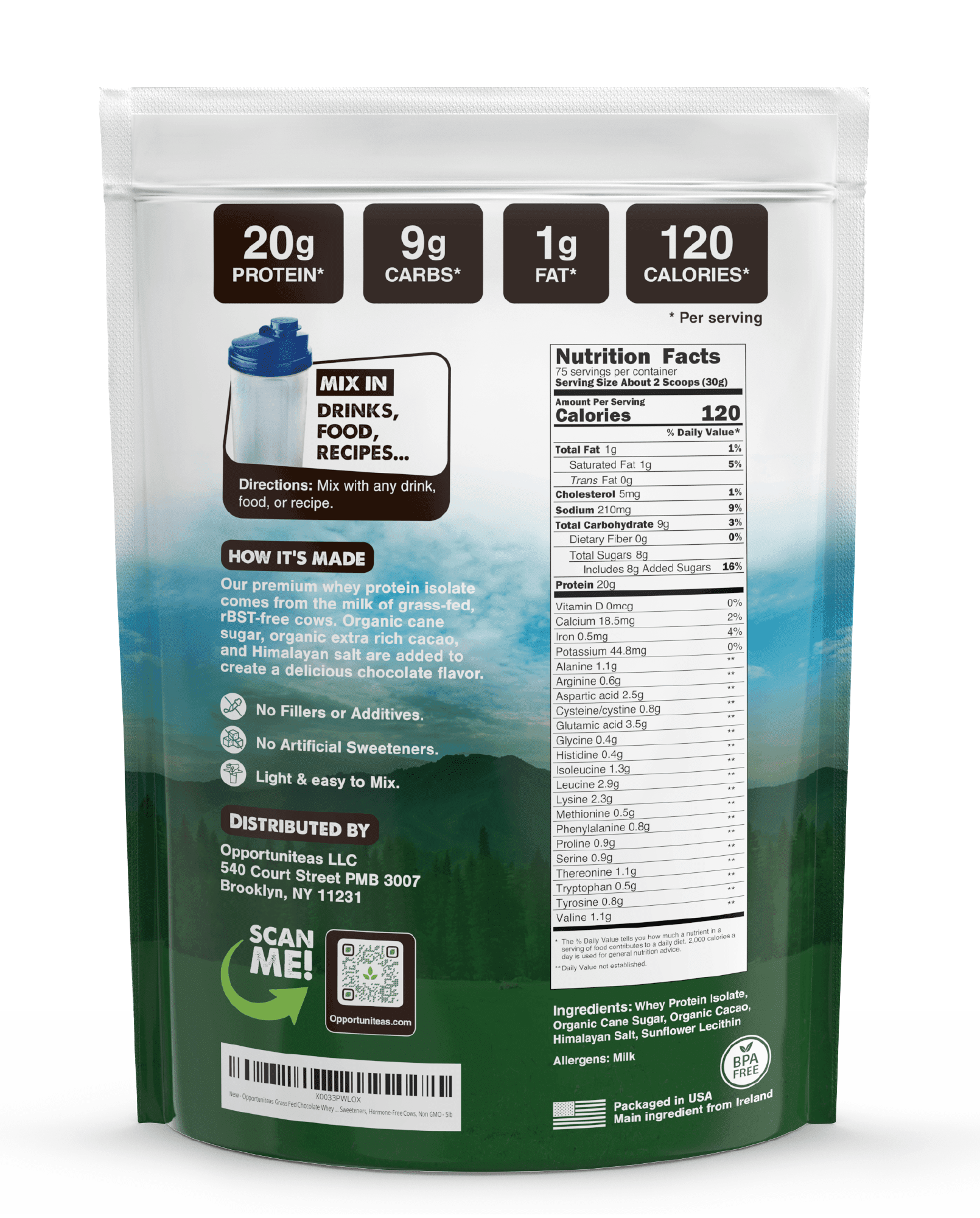 Opportuniteas Chocolate Whey Protein Powder Organic Grass Fed Whey Isolate for Shakes and Baking 5 lbs