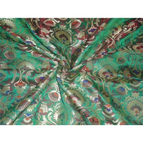 brocade fabric green and multi color floral design