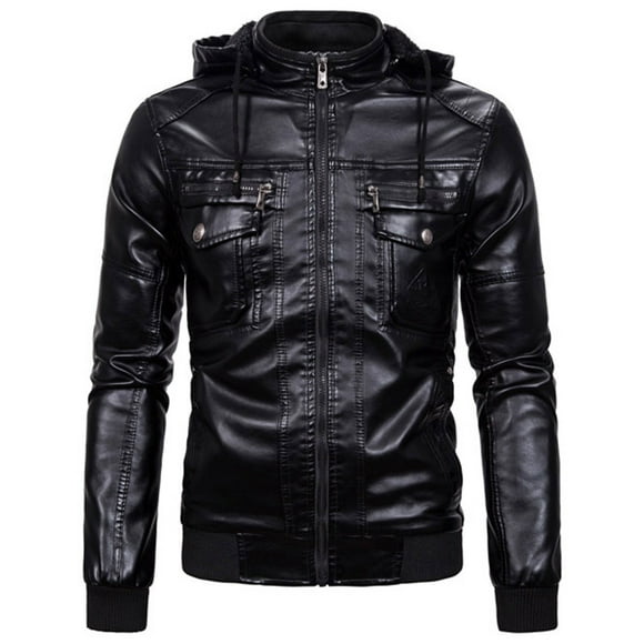Babysbule Jackets for Men Winter Men's Hooded Leather Jacket With Zipper Pockets And Velvet To Keep Warm In Imitation Sheepskin