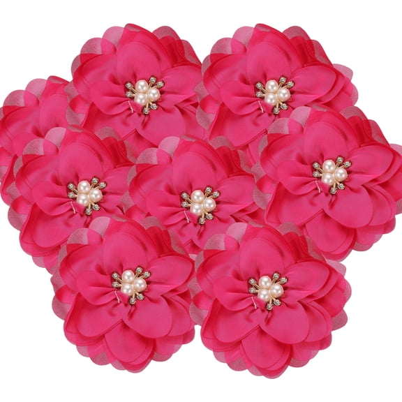3.15 Inch Chiffon Flowers, 10 Pcs Fabric Flowers Rhinestone Pearl Large Camellia Sewing Appliques for DIY Crafts Dresses Clothing Headbands Wedding Party Decoration, Hot Pink