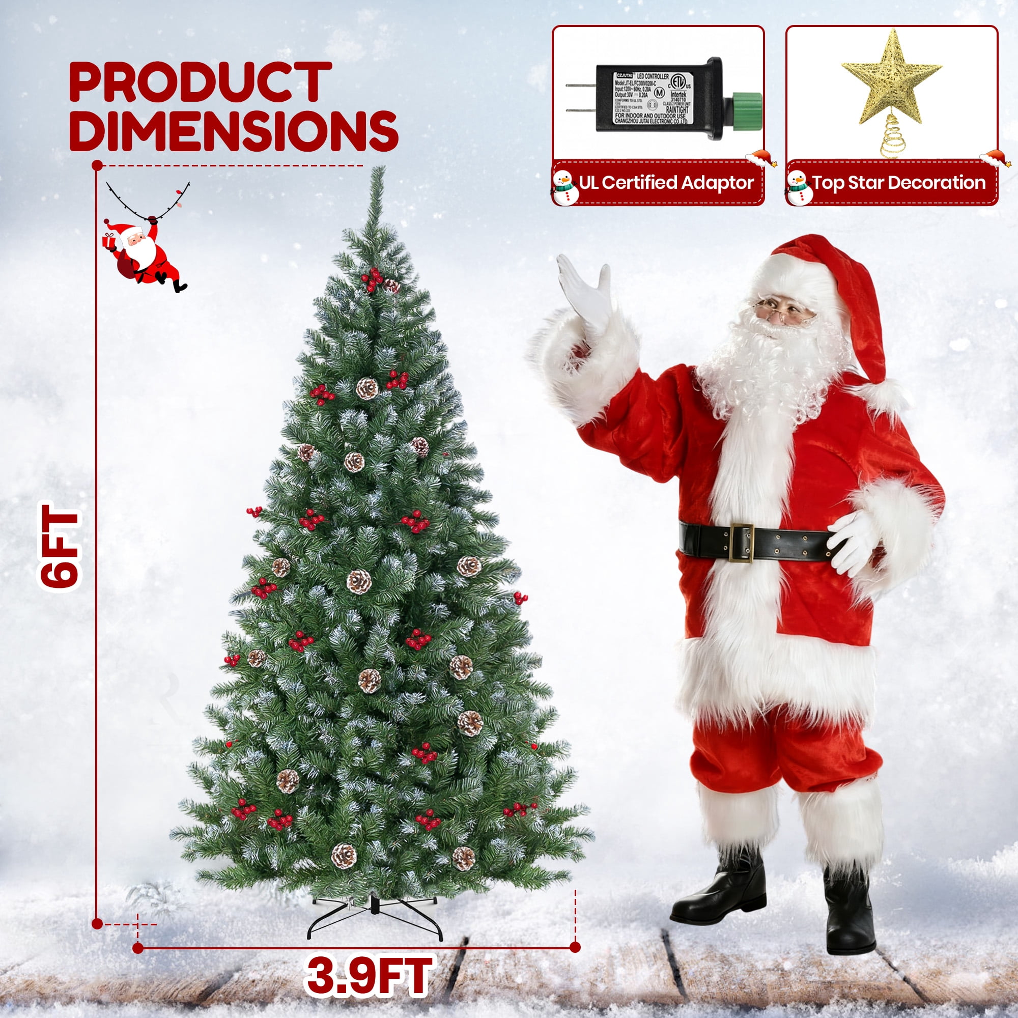 GVDV 6FT Pre-Lit Berry Christmas Tree, Artificial Snowflake Christmas Tree with 300LED Warm White Lights, Pine Cones & Top Star, Xmas Holiday Decor, Metal Hinges Easy Assembly
