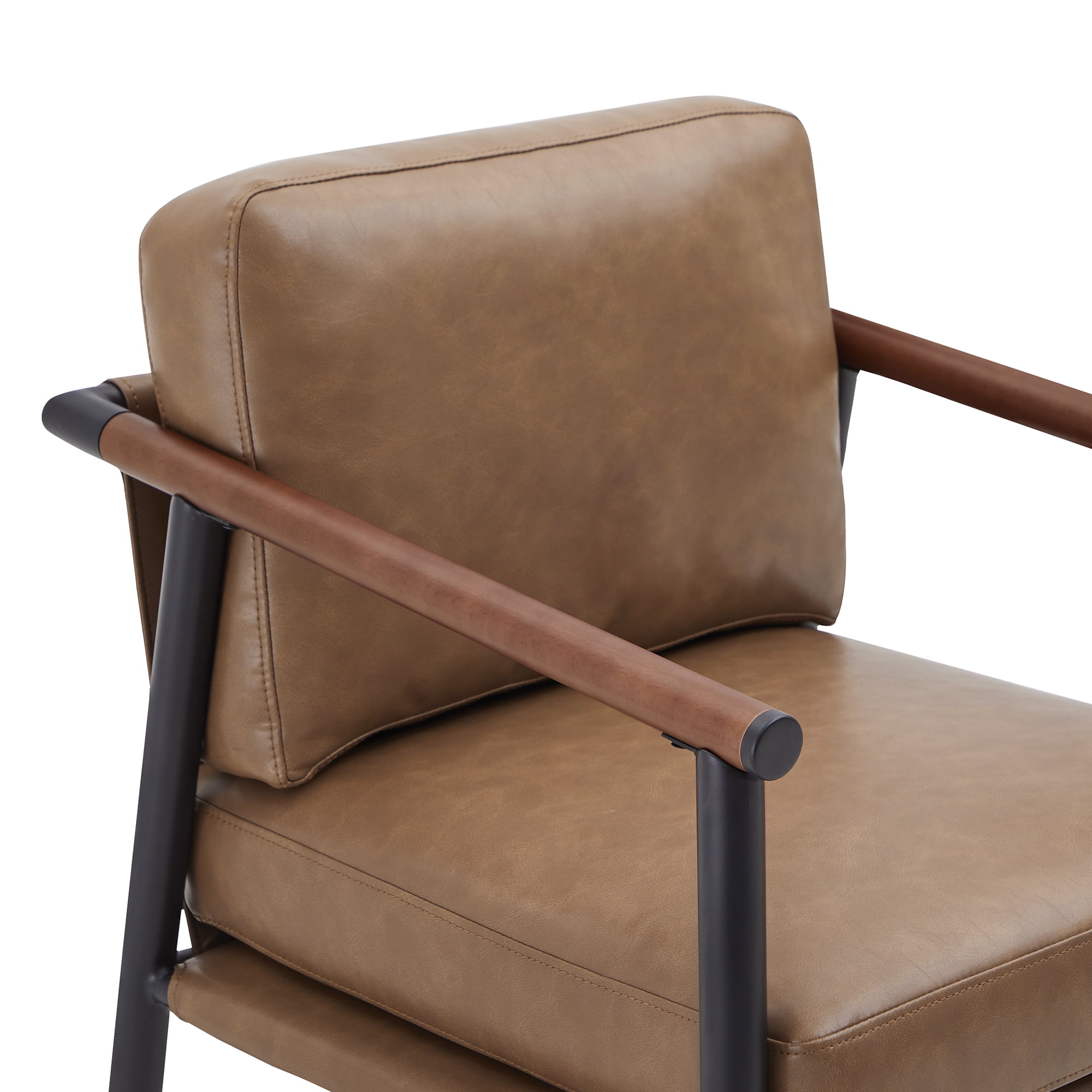 CHITA Modern Counter Stools Set of 2, Upholstered Bar Stools with Metal Frame and Wooden Armrests, Faux Leather in Saddle Brown