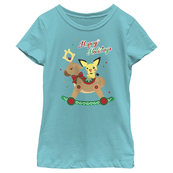 Girl's Pokemon Christmas Pichu Rocker Graphic Tee Tahiti Blue Medium