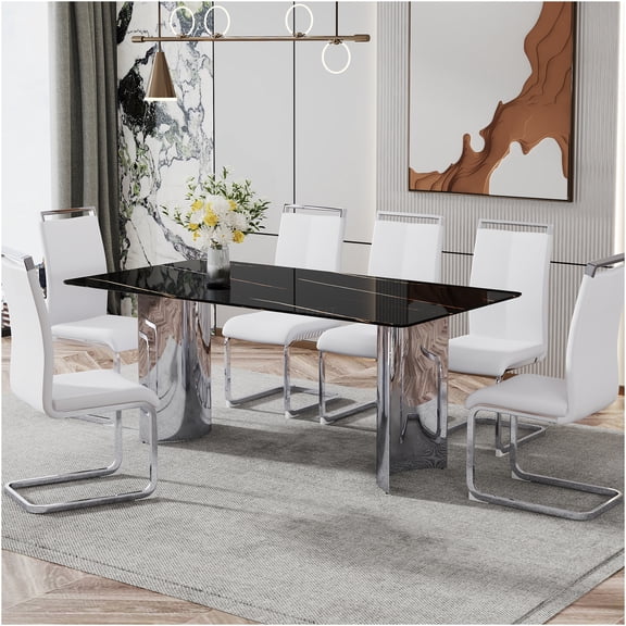 JERFIT 6-Piece Dining Set with Marble Glass Top Table and White PU Chairs, Kitchen Table Set for 6 with Silver Metal Legs