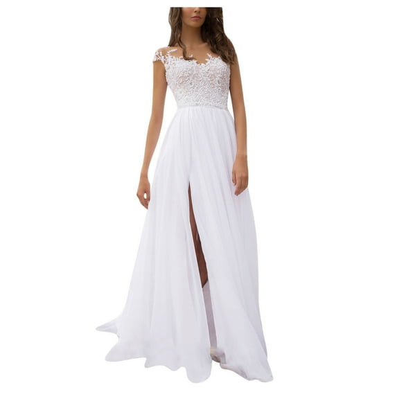 Baqcunre Maxi Dresses for Women 2024 Women's Elegant Wedding Dress Lace V-Neck Evening Dress Bridal Gown Dress Lace Chiffon Dress Split Wedding Dress Dresses for Women 2024 White M(Hot)