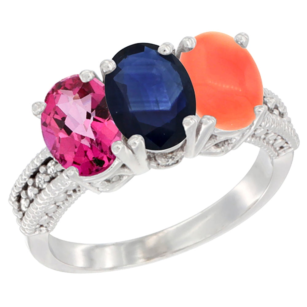 14K White Gold Natural Pink Topaz, Blue Sapphire & Coral Ring 3-Stone 7x5 mm Oval Diamond Accent, sizes 5 10 by WorldJewels