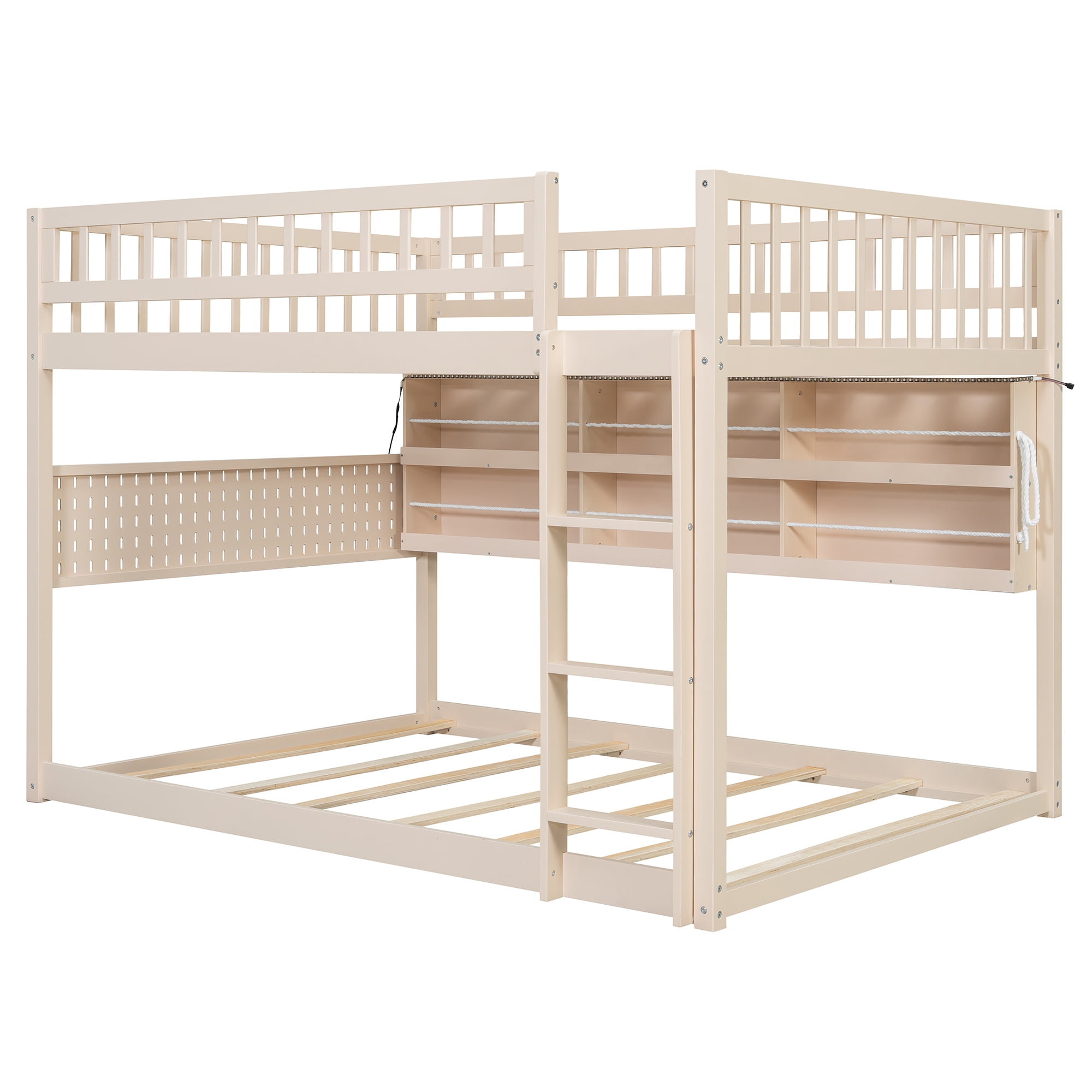 Full over Full Wood Bunk Bed with Integrated Side Storage Shelves and Pegboard, Solid Wood Bunk Bed Frame with Color-Changing Lights and Safety Guardrails for Teens, Adults, Guests