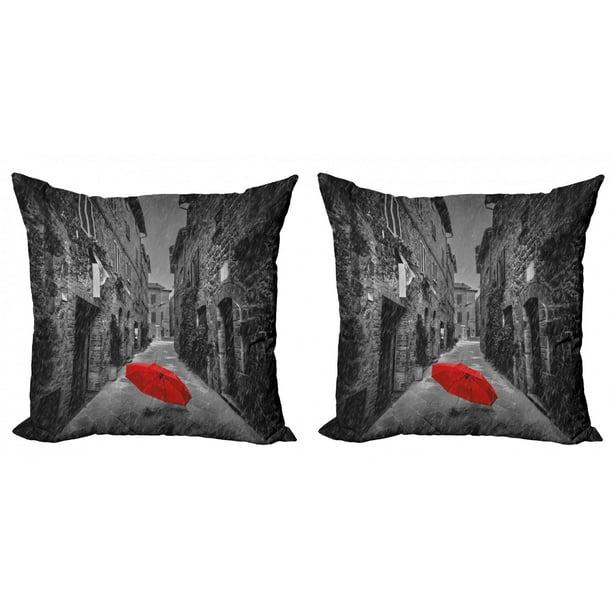 Black And White Throw Pillow Cushion Cover Pack Of 2 Red Umbrella On A Dark Narrow