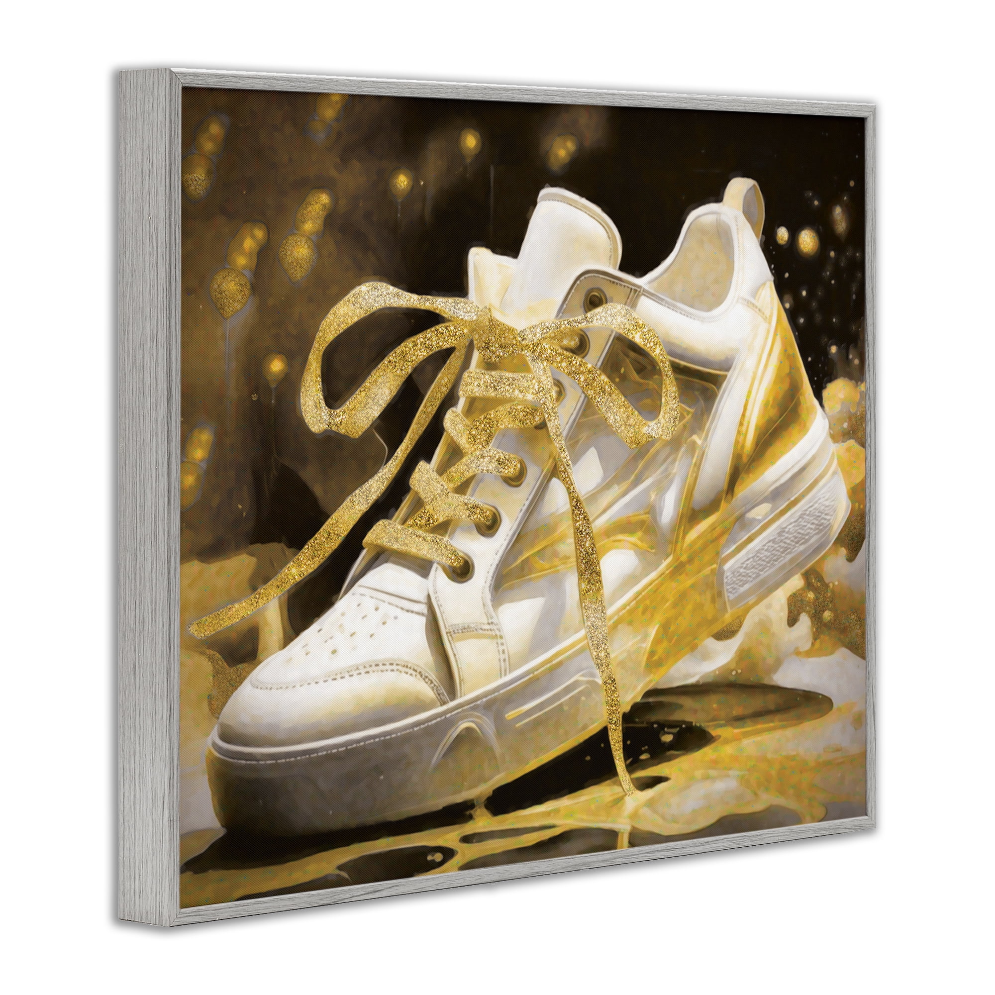 Stupell Industries Splashy Gold Sneaker Gray Framed Giclee Art, design by Grotto Studios