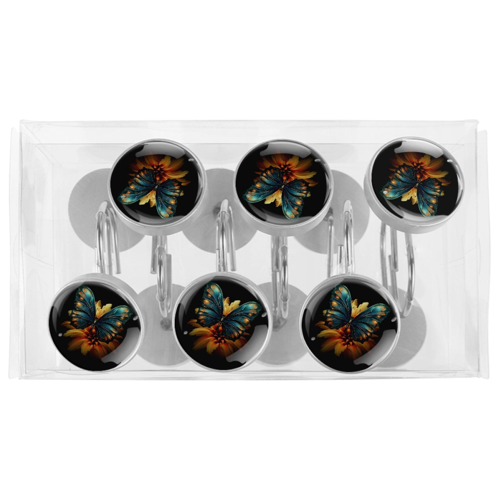 HemaKayy 12 Pcs Decorative Shower Curtain Hooks - Curtain Rings for Bathroom Decor, Stainless Steel, Easy Glide - Perfect for Kitchen, Bathroom Shower Rods - Turquoise Blue Butterfly Lily Flower