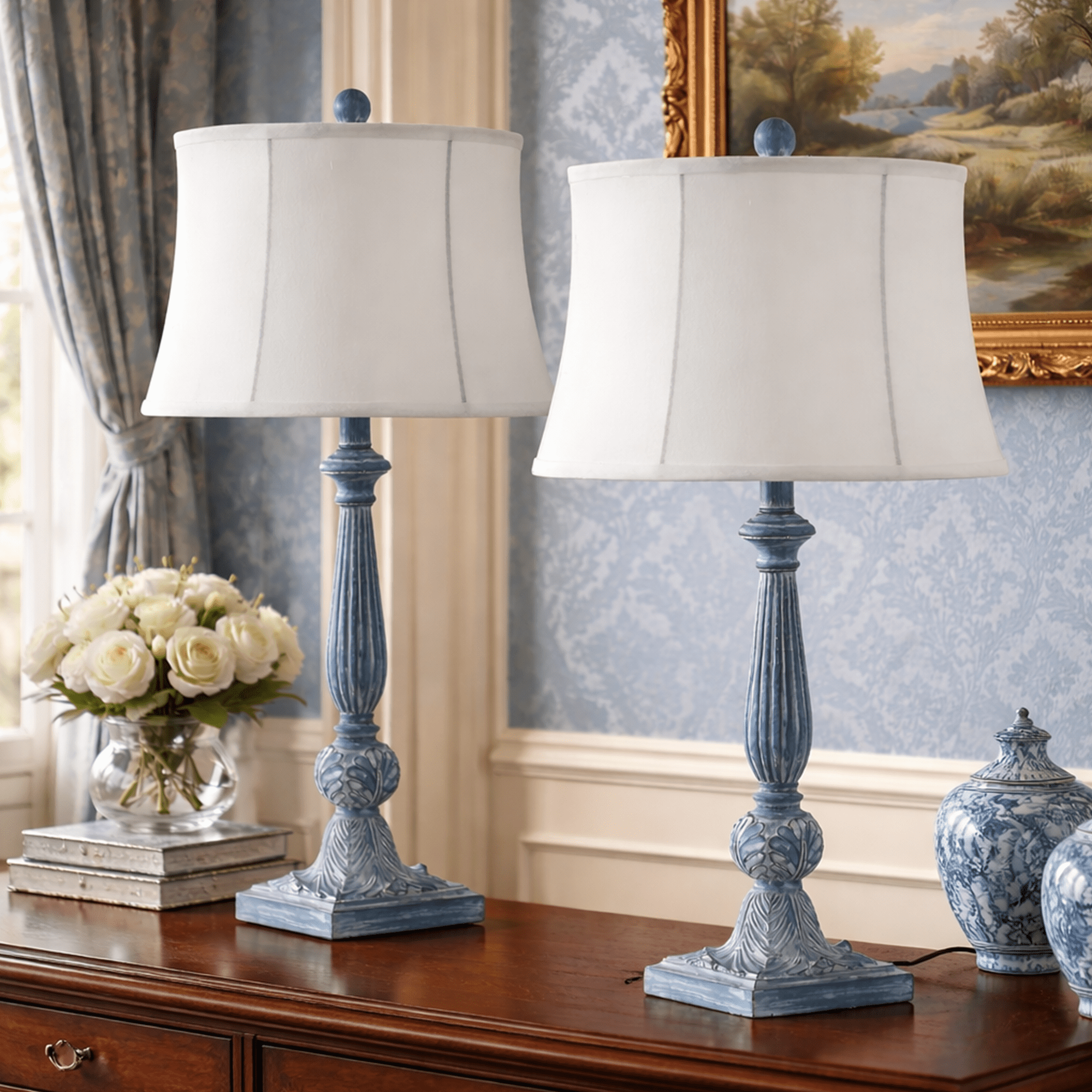 Maxax Blue Resin Table Lamps Set of 2，3-Way Dimmable 28" Traditiona Bedside Nightstand Lamps with White Bell Fabric Shade for Living Room Bedroom Office