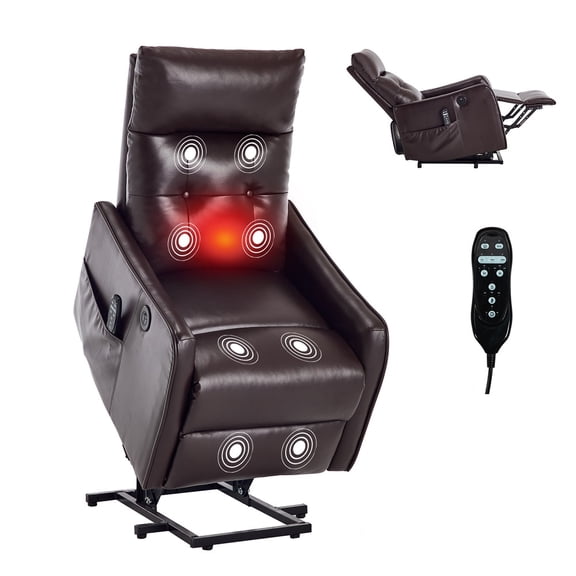 YDSM Brown PU Single Motor Power Lift Recliner Chair with Massage and Heat for Elderly, Heavy Duty Motion Mechanism and One USB for Charging, Max Reclining Angle 155°