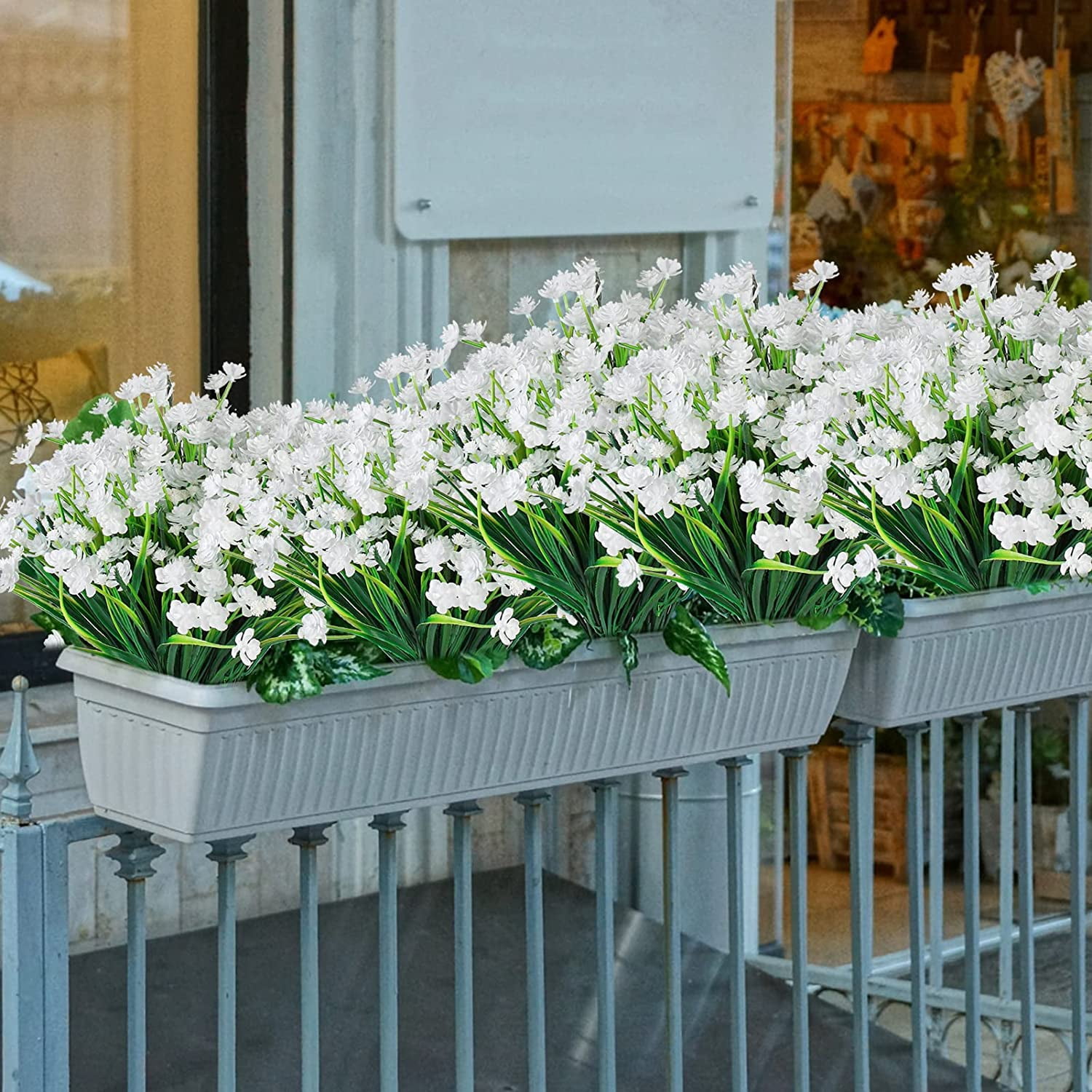Morttic Artificial Flowers for Outdoors Plastic UV Resistant Faux Flowers Decoration Greenery Garden Shrubs，Bulk Fake Flowers in Vase (White 4pcs)